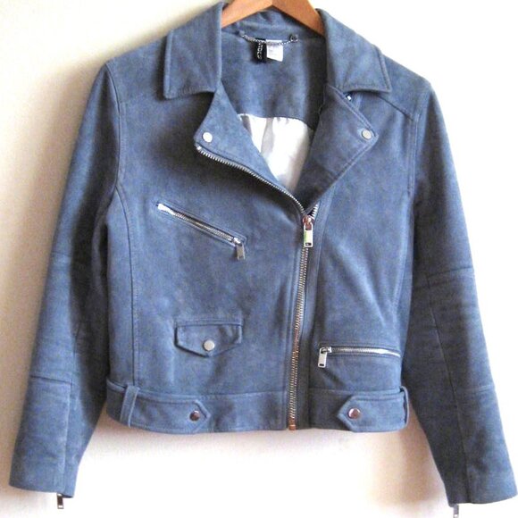 H&M Divided Faux Suede Biker Moto Jacket, Blueish Gray, Size 10 Medium - Picture 1 of 7
